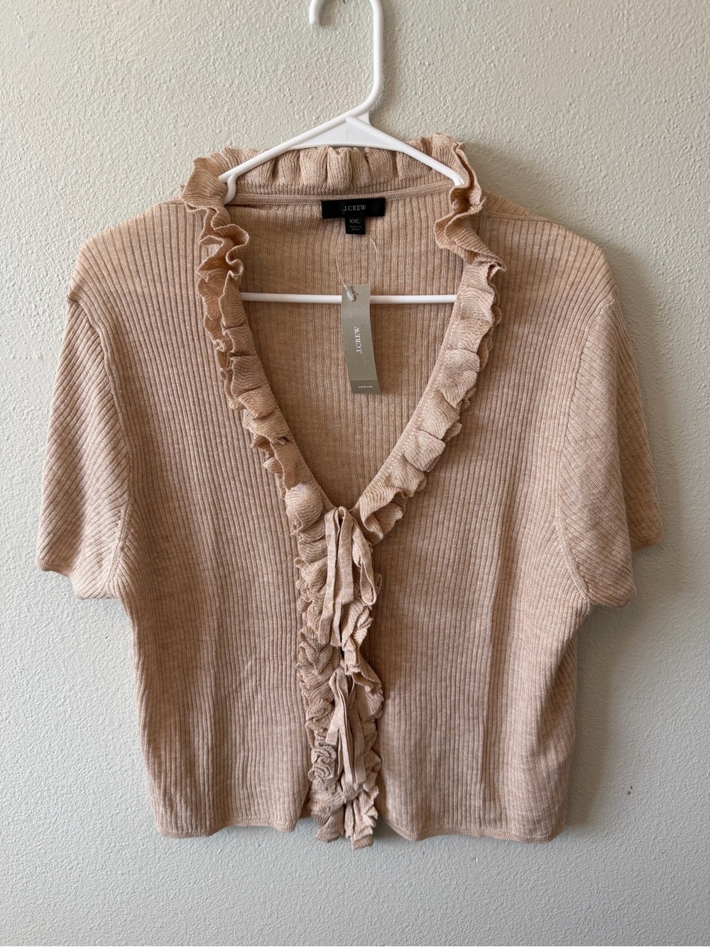 J. Crew Silk & Cashmere Ribbed Bow Tie Front Ruffle Top NWT Tan Plus Size